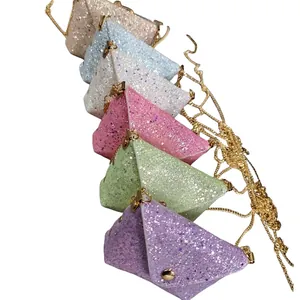 Glitter triangle mini crossbody bags in six colors with gold chains and snap buttons