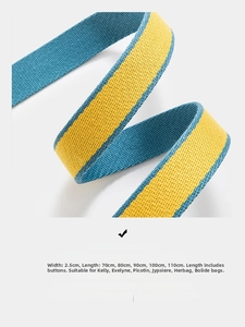 Detail of 2.5cm blue and yellow canvas shoulder strap with length options 70-110cm
