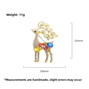 Detailed reindeer brooch with colorful rhinestones and gold-plated metal base measurements