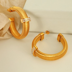 Golden threaded hoop earrings with sparkling zircon inlay for a luxury minimalist look