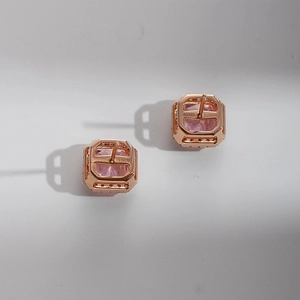 Detailed back view of S925 silver square pink gem earrings with rose gold plating