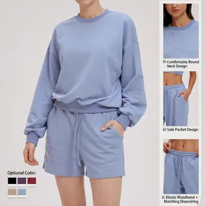 Light blue sweatshirt and shorts set with elastic drawstring waist and side pockets
