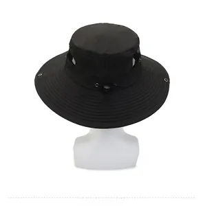Back view of black outdoor sun hat showing breathable mesh windows and adjustable drawstring