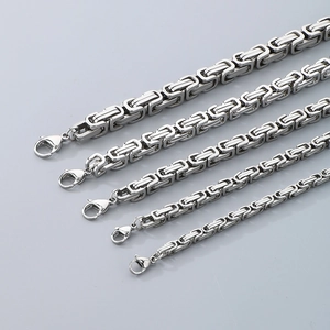 Detail view of silver Byzantine chain in five different widths with lobster clasps