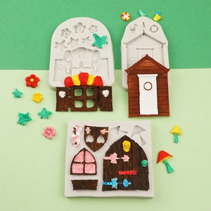 Detail of fairy house silicone molds showing textured doors, windows and mushrooms