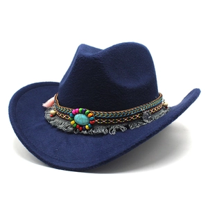 Navy blue wool western cowboy hat with ethnic braided band and turquoise stone detail