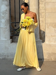 Summer yellow three-piece beach set with long cardigan and high-waist pleated skirt