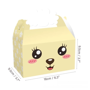 Detail view of cartoon animal gift box with floral patterns and cloud shaped handle
