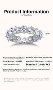 Detailed specs of 5mm Moissanite eternity ring in S925 silver with 18K white gold plating