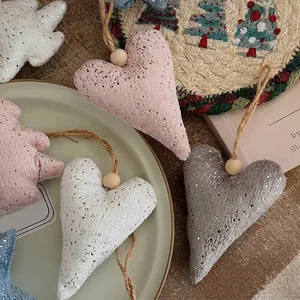 Nordic plush heart and tree Christmas ornaments with glitter fabric and wooden beads