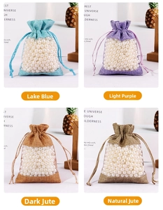 Detailed grid view of linen drawstring bags with transparent PVC windows and pearls