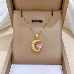 Gold Crescent Moon Pink Heart Pendant Necklace Stainless Steel Chain Micro Pave Cubic Zirconia Jewelry For Women