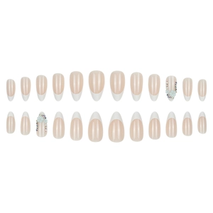 French almond press-on nails with 3D blue floral accents and rhinestones on nude base