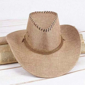 Detailed close-up of khaki woven straw cowboy hat with brown braided rope and stitched brim