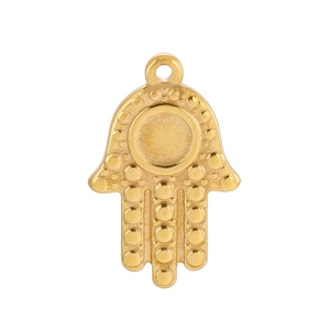 Detailed view of a gold-plated stainless steel Hand of Fatima pendant with embossed pattern