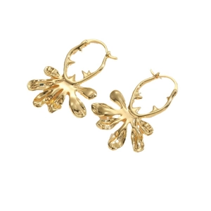 Irregular geometric gold drop earrings with abstract molten metal texture on white background