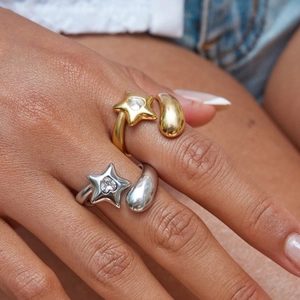 Star Heart Stainless Steel Open Ring 18K Gold Plated Zircon Adjustable Stackable Waterproof Hypoallergenic Fashion Women