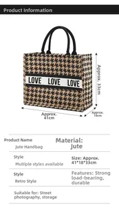 Detail of jute tote bag with houndstooth pattern and LOVE ribbon, 41x18x33cm dimensions