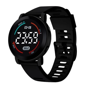 Minimalist black waterproof sports digital watch with LED display and silicone strap