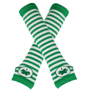 Detail of green and white striped knit arm warmers featuring green shamrock clover embroidery
