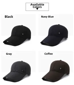Detailed grid view of long-brim baseball caps in black, navy, grey, and brown colors