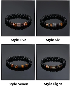 Detail of beaded men's bracelets with tiger eye stones and micro-pave hex beads in four finishes