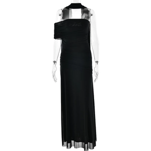 Robe longue noire élégante à épaule dénudée coupe ajustée avec ruban pour femmes