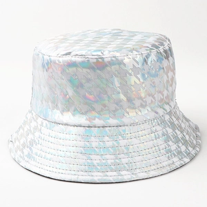 Houndstooth pattern bucket hat with colorful laser PU leather and reflective finish