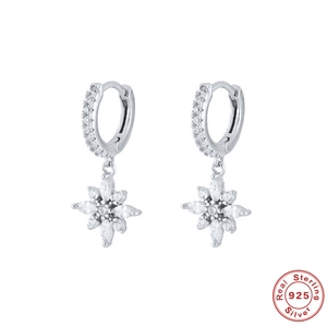 S925 sterling silver hoop earrings with diamond snowflake charms on white background
