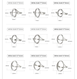 Size guide for oval 925 silver ring settings showing various inner and outer dimensions