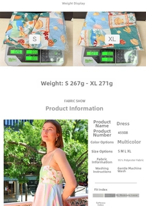 Detail view of colorful graffiti print dress showing weight display and material texture