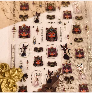 Macro view of ancient Egyptian cat stickers with Bastet goddess and gold hieroglyph patterns