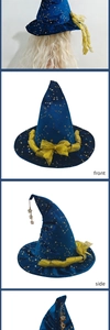 Detail view of navy witch hat with gold star prints, ribbon bow and metal charms