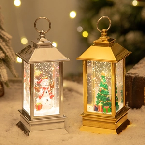 Lighted Christmas lanterns with Santa and snowman scenes for festive indoor decoration