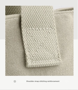 Close-up of reinforced shoulder strap stitching on a heavy-duty canvas tote bag
