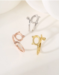 Three-color DIY cat-shaped 925 silver ring bases in silver gold and rose gold finishes