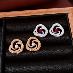 Vintage Geometric Hollowed Knot Stud Earrings With 925 Sterling Silver Earring Post Copper Faux Artificial Pearl Jewelry Women