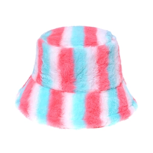 Close-up of the plush faux rabbit fur texture on a pink and blue striped bucket hat