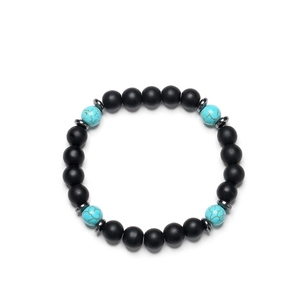 Matte black agate and blue turquoise beaded stretch bracelet with metal spacers