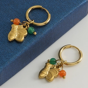 Boucles D'oreilles Créoles Abeille Plaqué Or 18K Acier Inoxydable Avec Perles En Pierre Naturelle Bijoux Pour Femmes