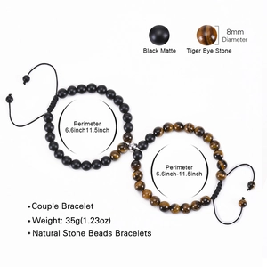 Adjustable tiger eye and matte black stone beaded bracelet with magnetic clasp for couples