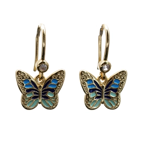 Orecchini a farfalla dorati con smalto blu e brillanti accenti in zircone cubico