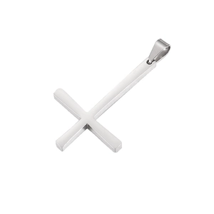 Close-up of a polished silver stainless steel cross pendant with a metallic mirror finish