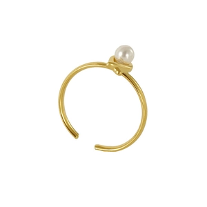 Minimalist gold plated stainless steel open ring with a round white pearl on white background