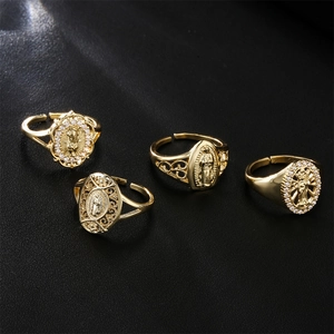 Virgin Mary Saint Jude Religious Open Ring Gold Plated Copper Zircon Retro Hollow Religious Jewelry For Women Men