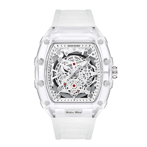 Men's transparent tonneau quartz watch with white silicone strap and skeleton dial detail