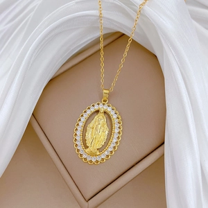 Titanium steel necklace with oval portrait pendant and crystal frame on silk background