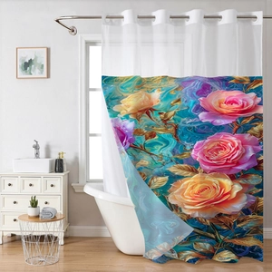 Detail eines wasserdichten Blumen Duschvorhangs mit Rosenmustern und Metallösen