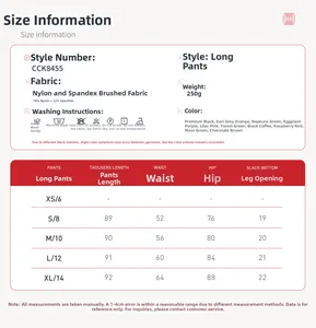 Size chart for high-waisted yoga pants showing measurements from XS to XL in centimeters