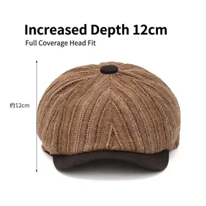 Brown vintage striped newsboy cap with 12cm deep full-wrap fit and textured finish